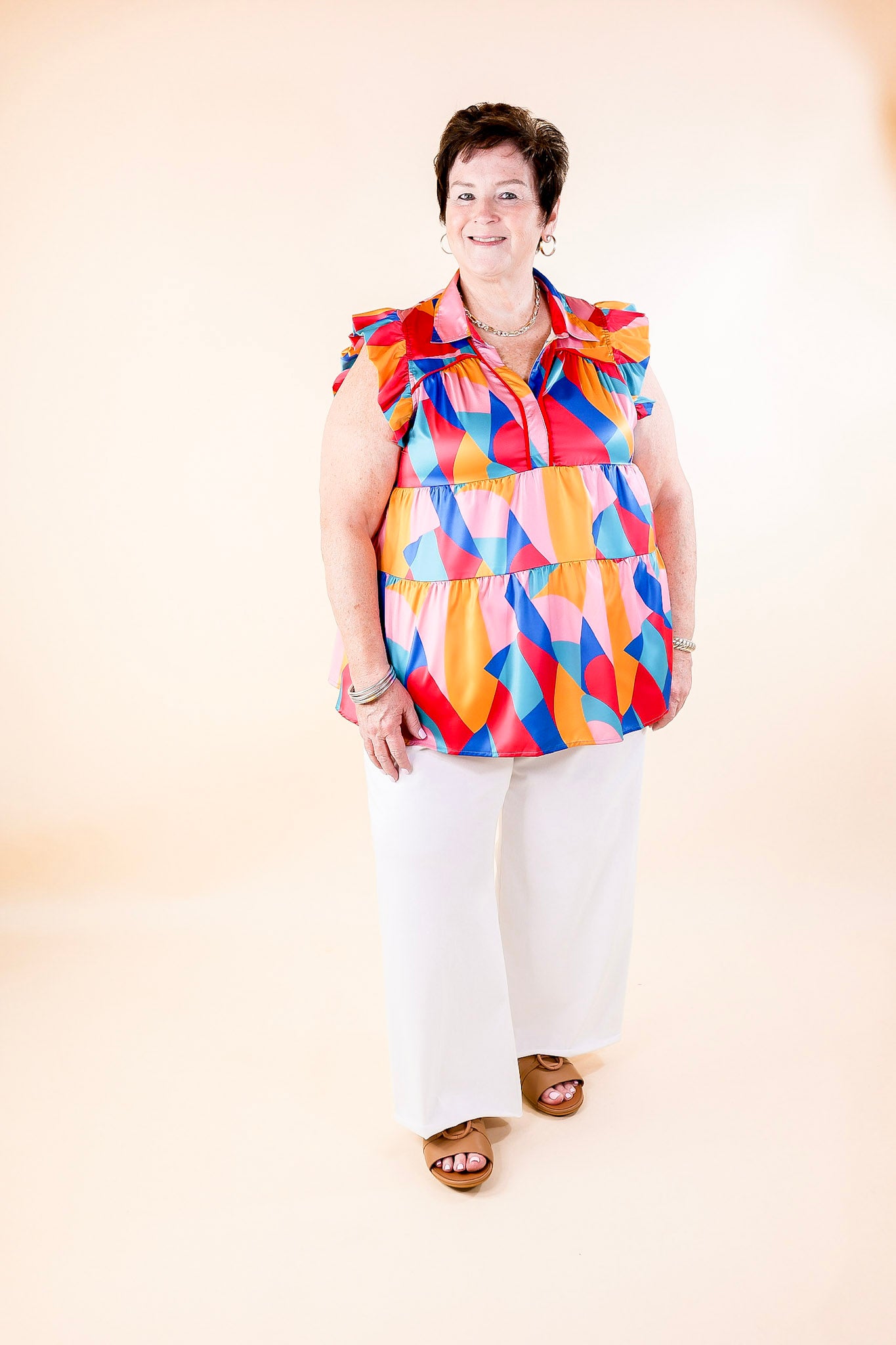 I Can't Wait V Neck with Ruffled Sleeves Top in Multicolor - Giddy Up Glamour Boutique
