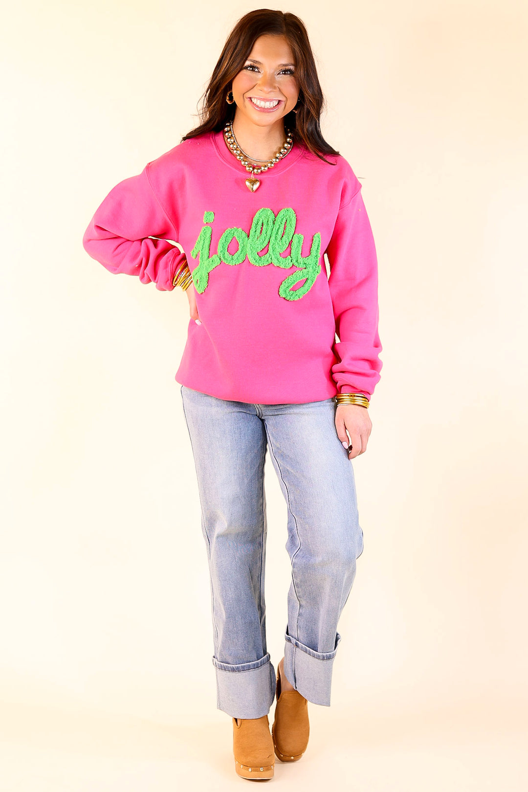 Jolly Hand Stitched in Green Christmas Graphic Sweatshirt in Pink