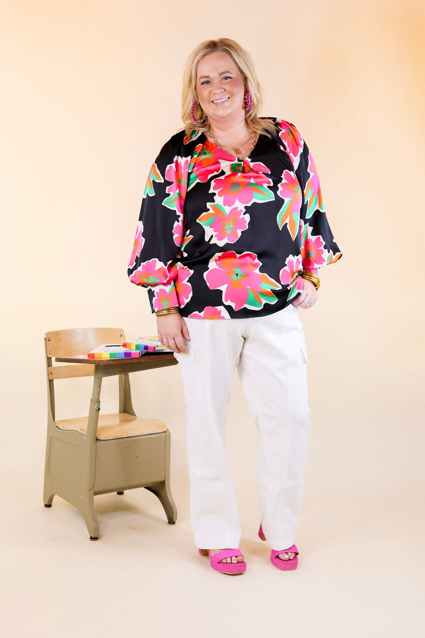 Peony Path Long Sleeve Floral Top with V Neckline in Black