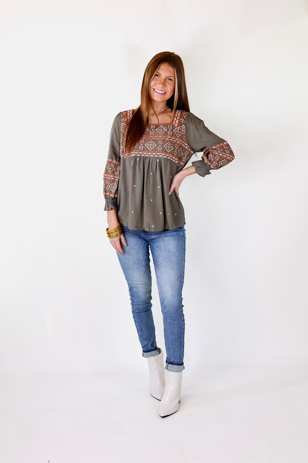 Address The Room Embroidered Square Neck Top with 3/4 Sleeves in Olive Green