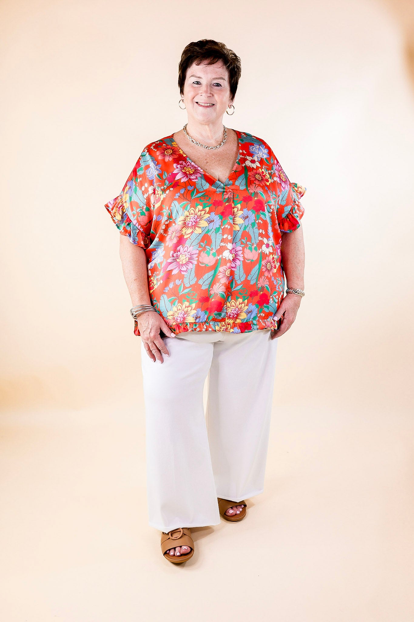 Blissful Mindset Floral V Neck Top with Short Ruffle Sleeves in Orange - Giddy Up Glamour Boutique