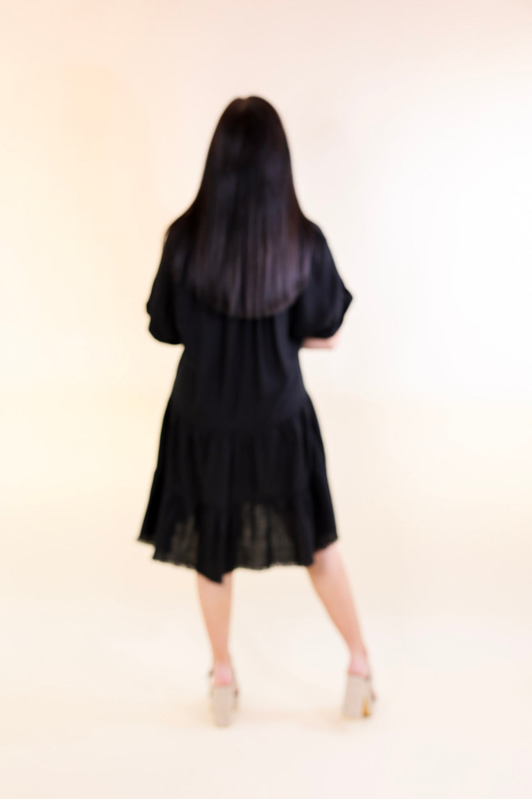 Last Chance Size Small | Taos Transitions Ruffle Tiered Collared Dress with Frayed Hem in Black
