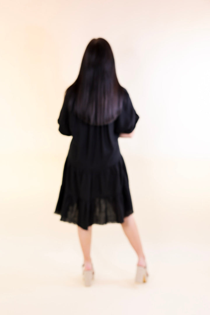 Last Chance Size Small | Taos Transitions Ruffle Tiered Collared Dress with Frayed Hem in Black