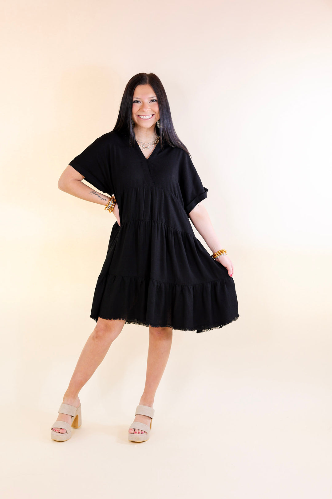Last Chance Size Small | Taos Transitions Ruffle Tiered Collared Dress with Frayed Hem in Black
