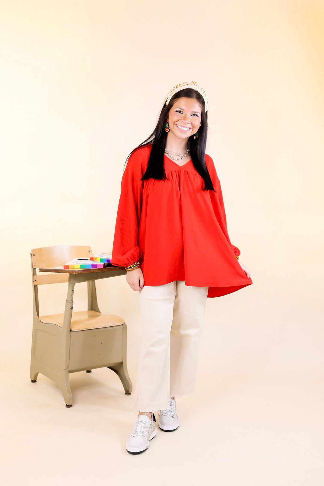 Last Chance Size 2XL | Office Feels Long Sleeve V Neck Babydoll Top in Red