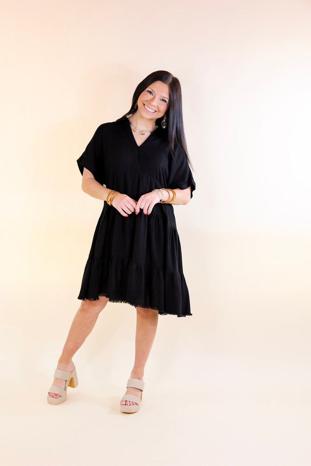 Last Chance Size Small | Taos Transitions Ruffle Tiered Collared Dress with Frayed Hem in Black