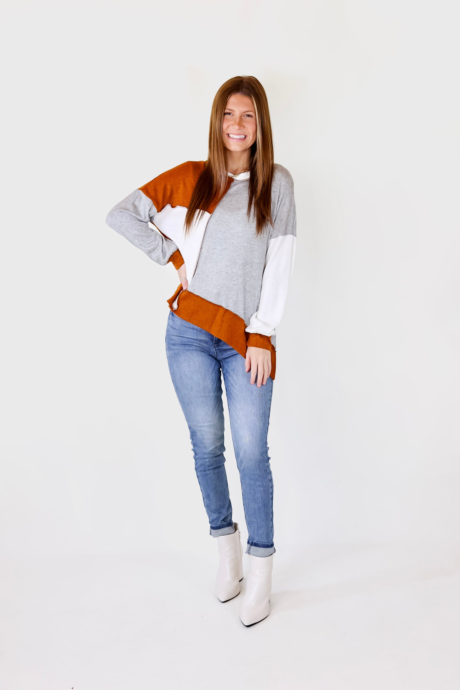Cozy Creation Colorblock Long Sleeve Top in Rust Orange Mix - Giddy Up Glamour Boutique