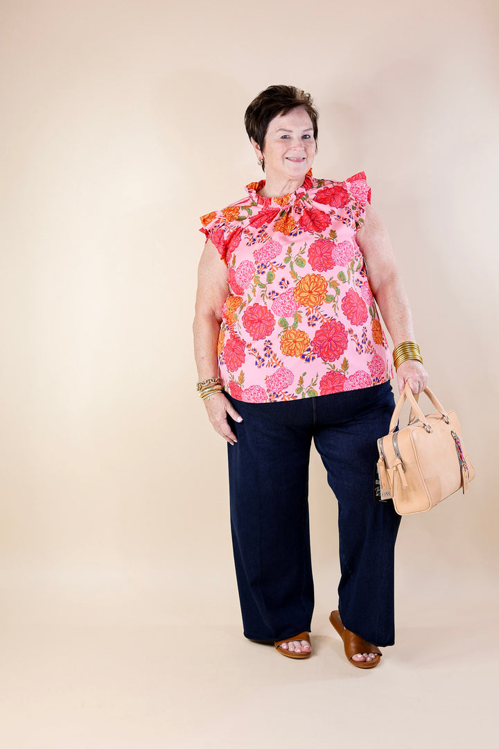 Blossom Breeze Floral Print Ruffle Cap Sleeve Top in Pink - Giddy Up Glamour Boutique