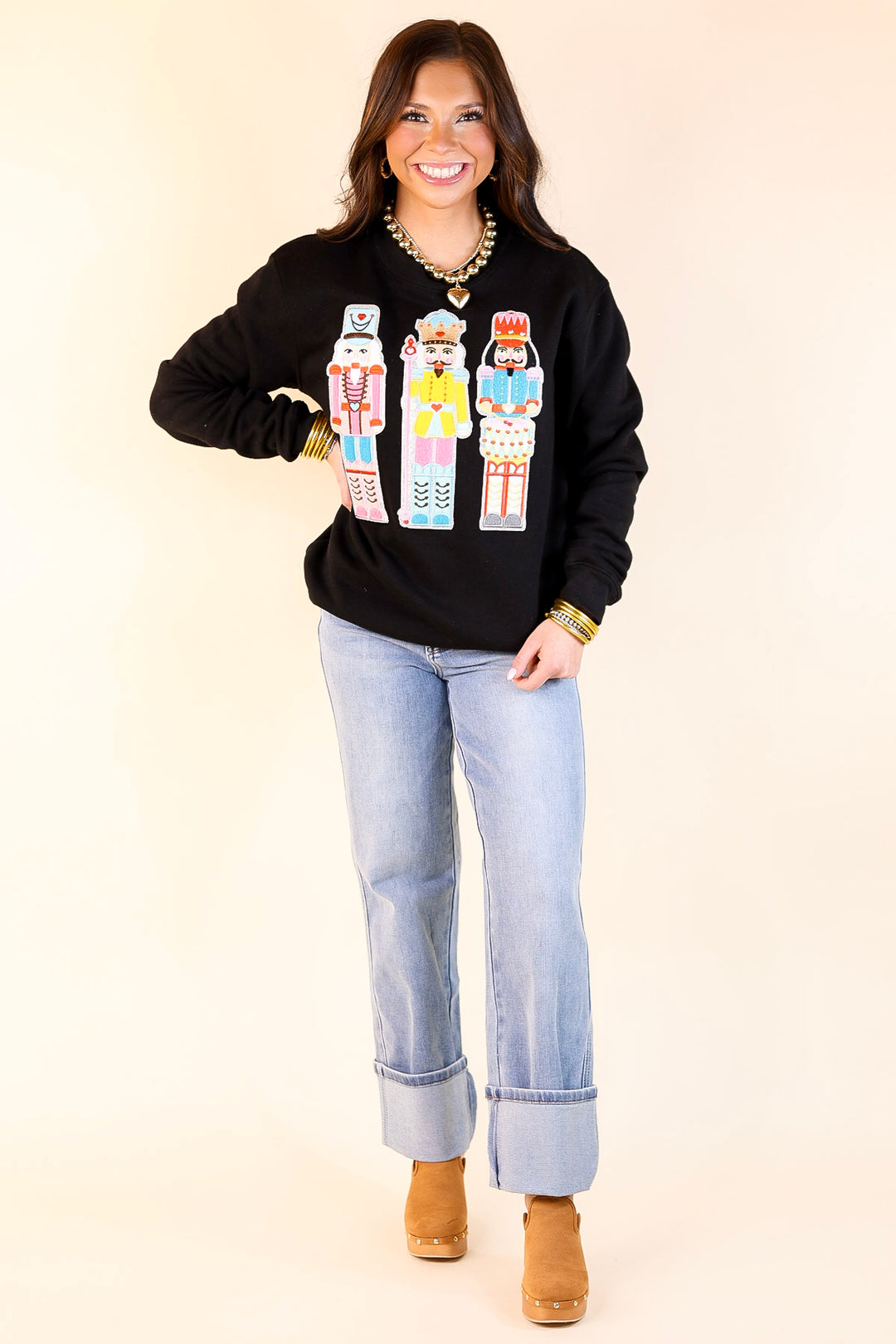 Multicolored Nutcracker Chenille Patch Graphic Sweatshirt in Black