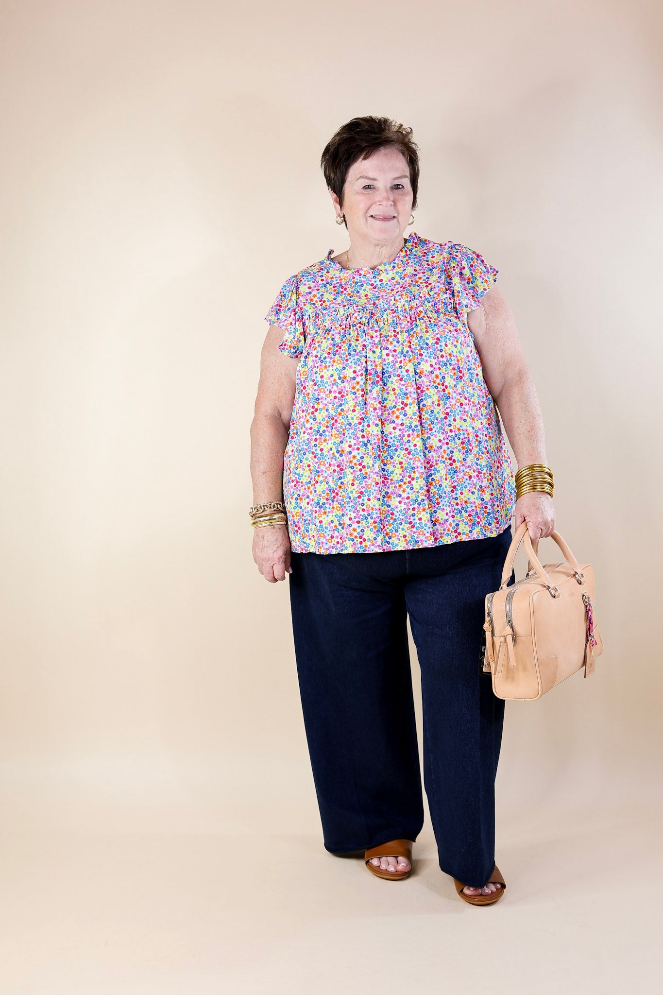 Fun Memories Floral Ruched Front Top with Ruffle Cap Sleeves in Blue Mix - Giddy Up Glamour Boutique