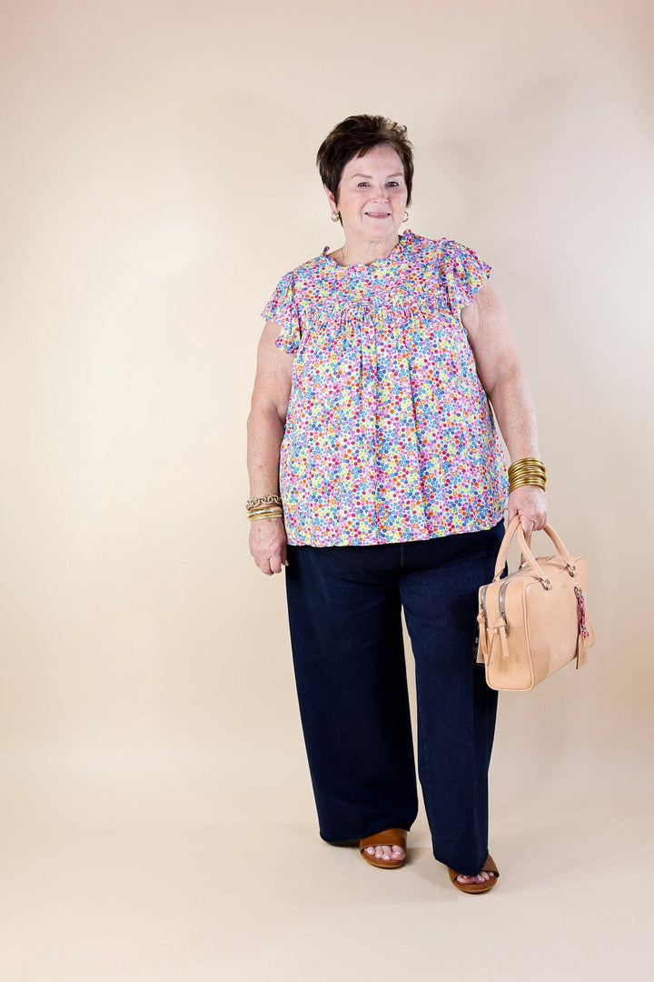 Fun Memories Floral Ruched Front Top with Ruffle Cap Sleeves in Blue Mix - Giddy Up Glamour Boutique