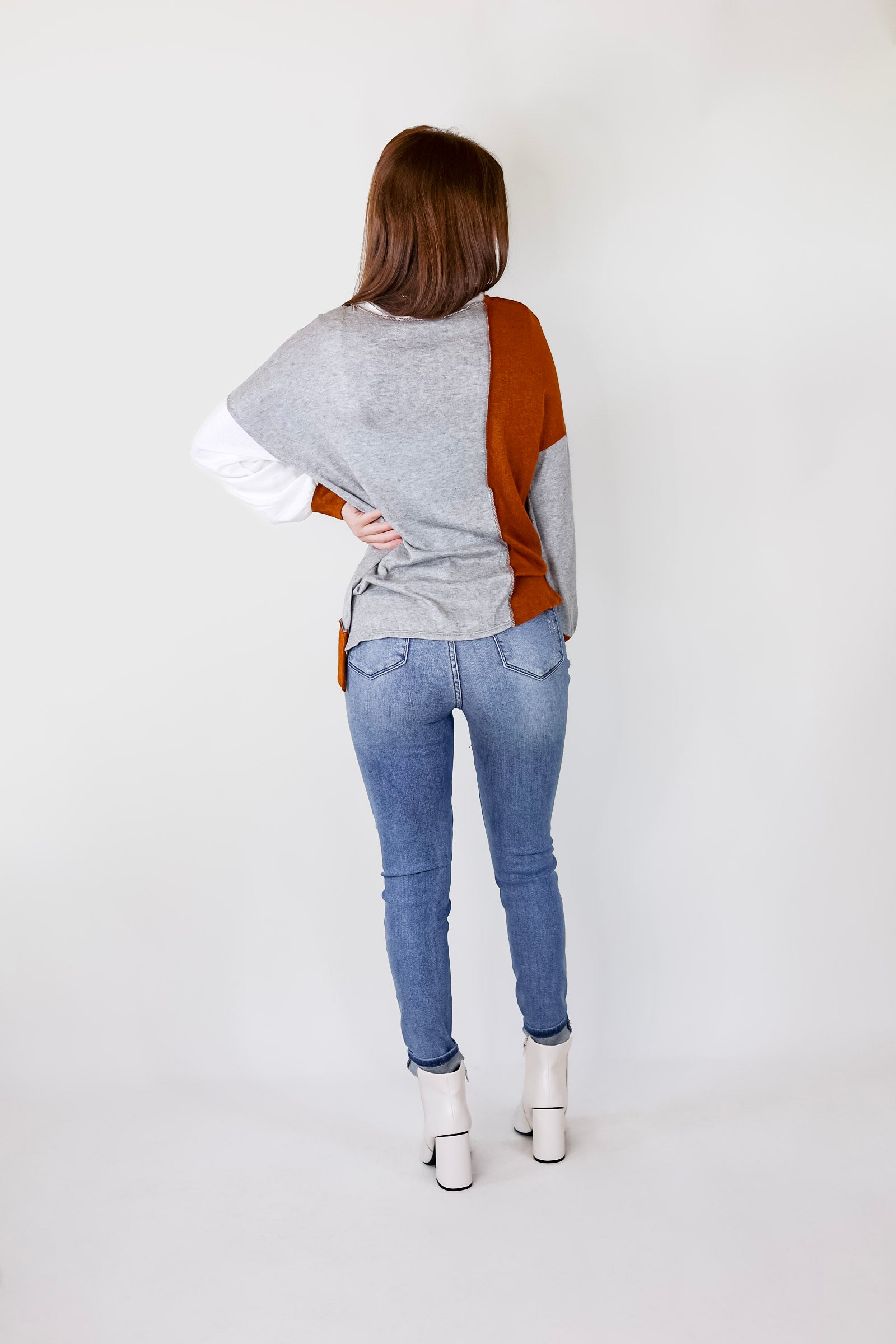 Cozy Creation Colorblock Long Sleeve Top in Rust Orange Mix - Giddy Up Glamour Boutique