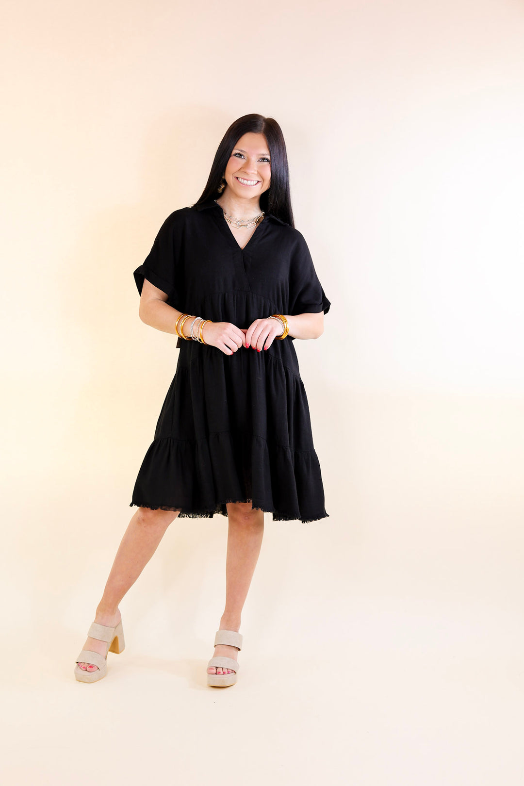 Last Chance Size Small | Taos Transitions Ruffle Tiered Collared Dress with Frayed Hem in Black