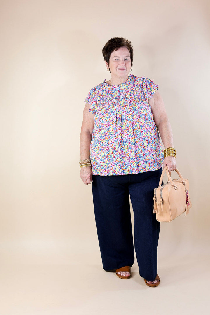 Fun Memories Floral Ruched Front Top with Ruffle Cap Sleeves in Blue Mix - Giddy Up Glamour Boutique