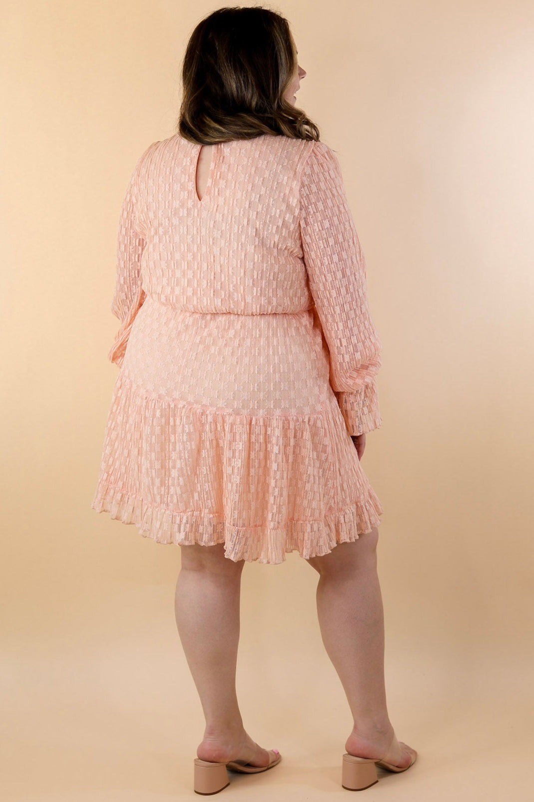 peach lace long sleeve dress Women's Petite Lace High Neck Ruffle Midi Dress, Peach