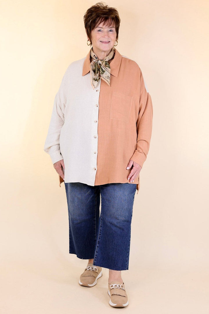 Follow Me Long Sleeve Button Up Color Block Top in Terracotta