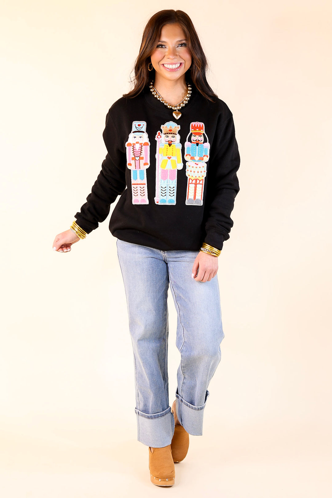 Multicolored Nutcracker Chenille Patch Graphic Sweatshirt in Black