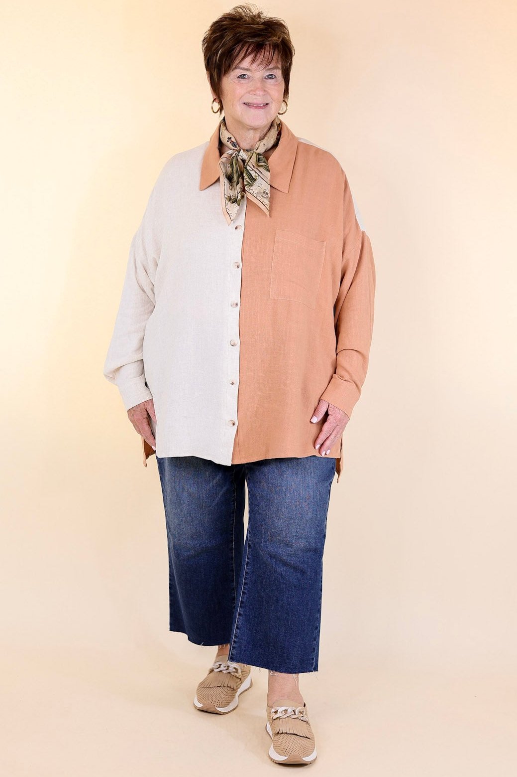 Follow Me Long Sleeve Button Up Color Block Top in Terracotta