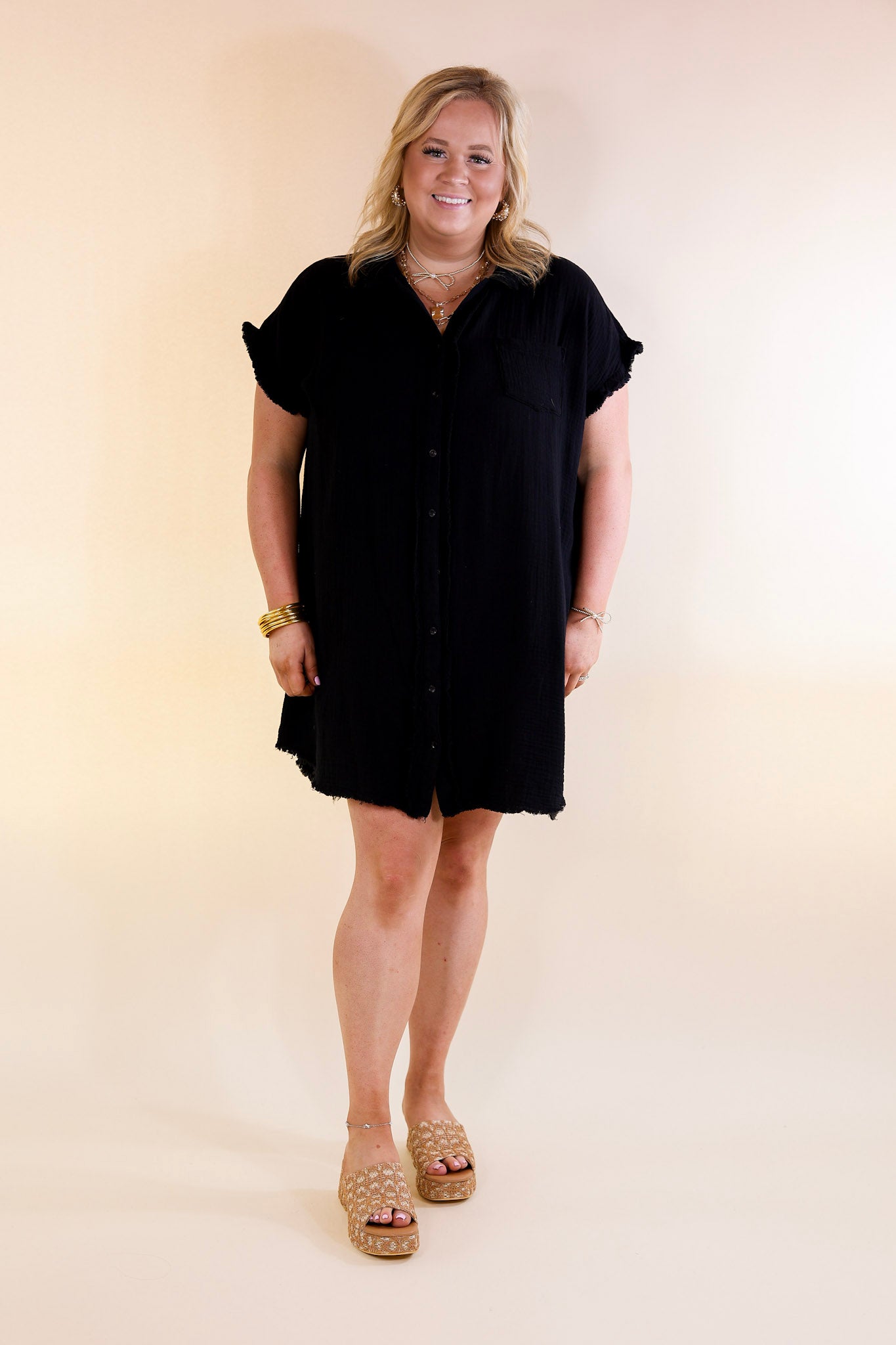 Spring Glow Button Up Raw Hem Dress in Black