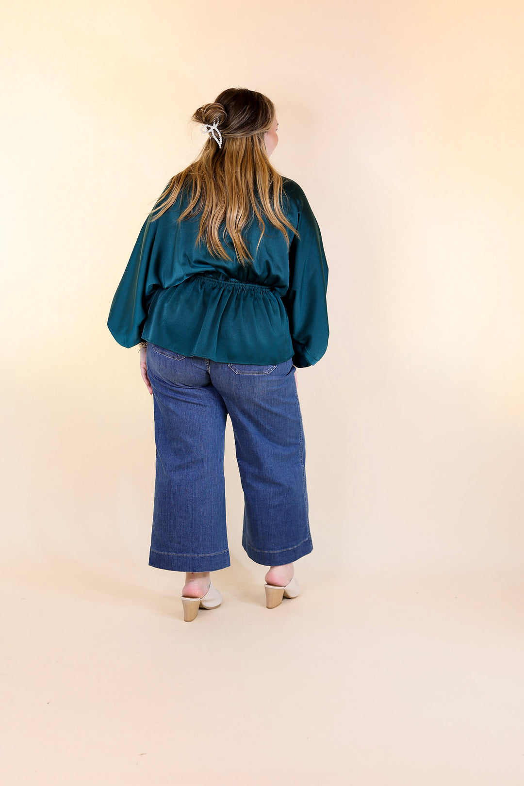Stating Facts Satin Top with Drawstring Waist in Teal