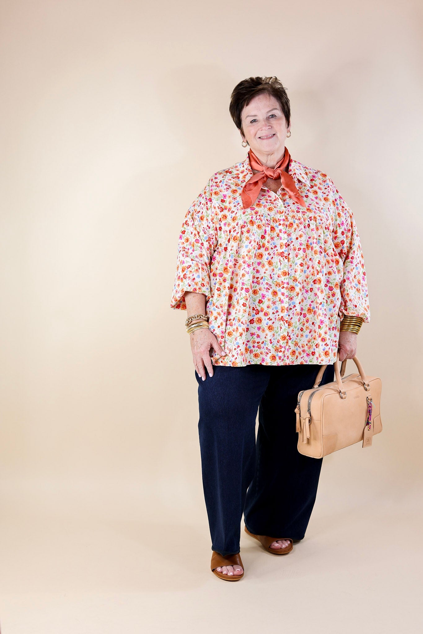 Secret Garden Floral Print Top with Collar and Long Sleeves in Cream - Giddy Up Glamour Boutique