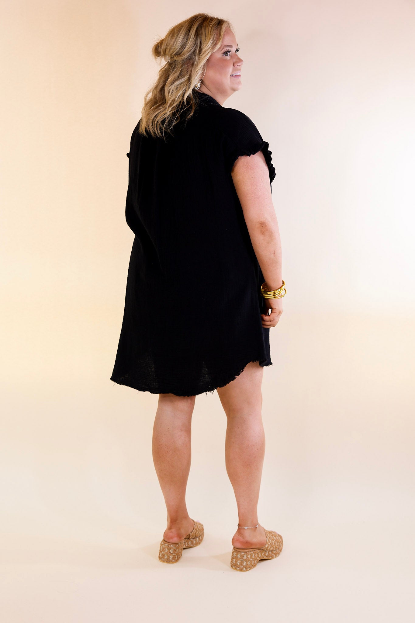 Spring Glow Button Up Raw Hem Dress in Black