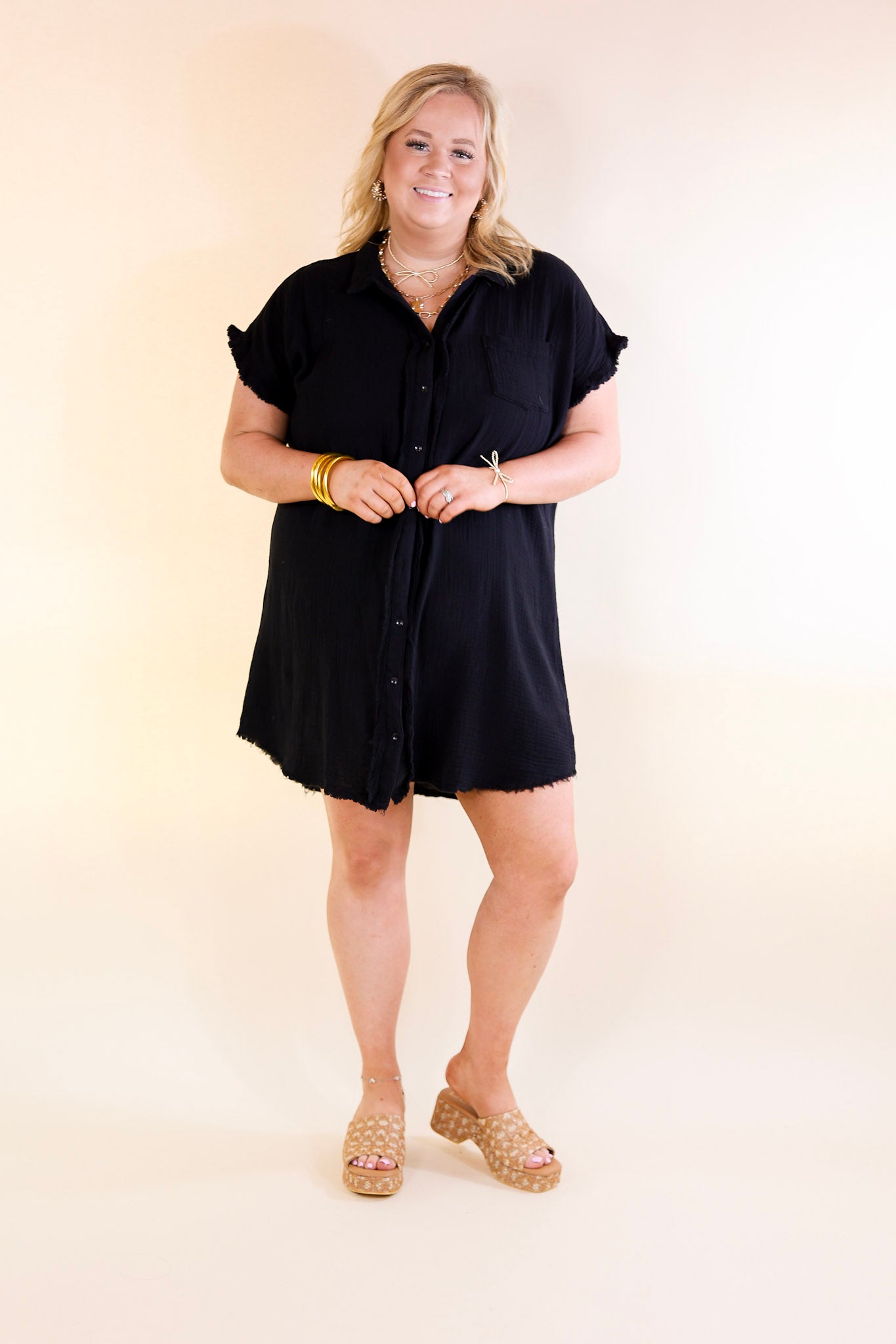 Spring Glow Button Up Raw Hem Dress in Black