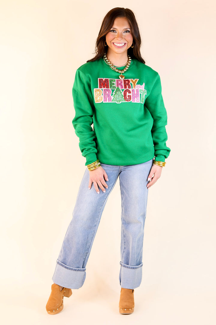 Merry and Bright Sequin Letter Graphic Sweatshirt in Green