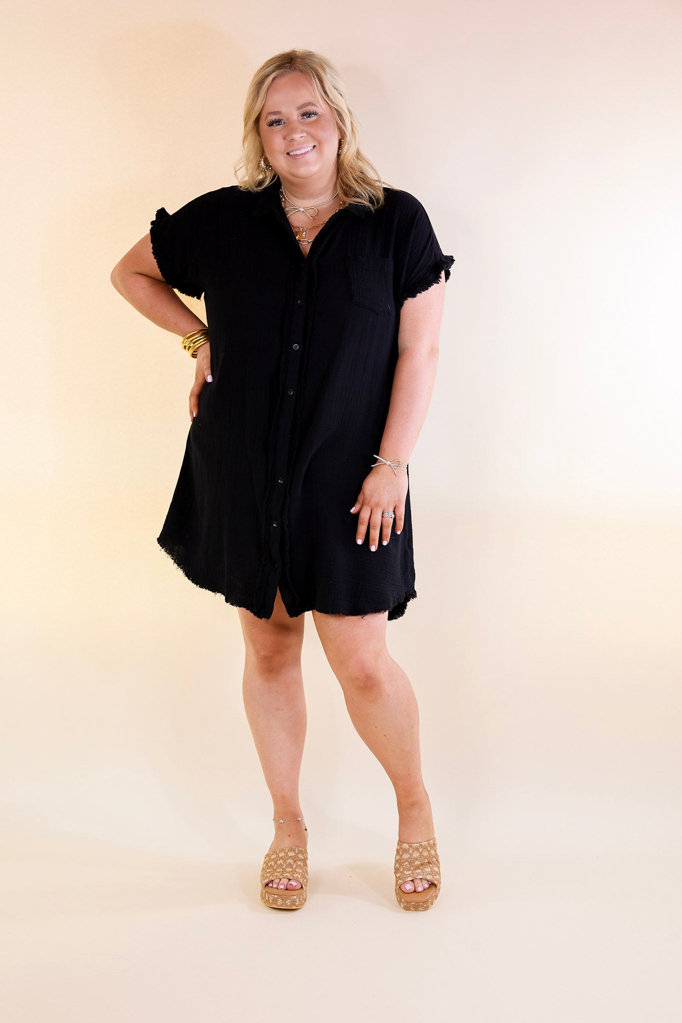 Spring Glow Button Up Raw Hem Dress in Black