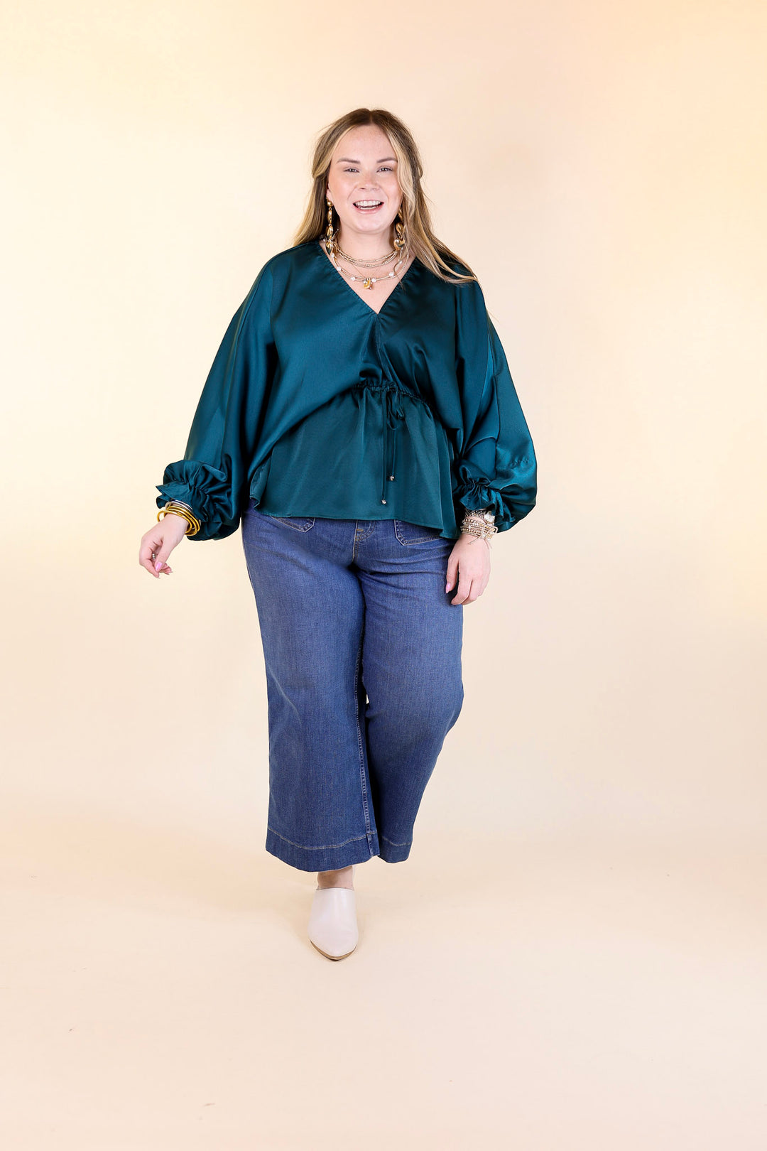 Stating Facts Satin Top with Drawstring Waist in Teal