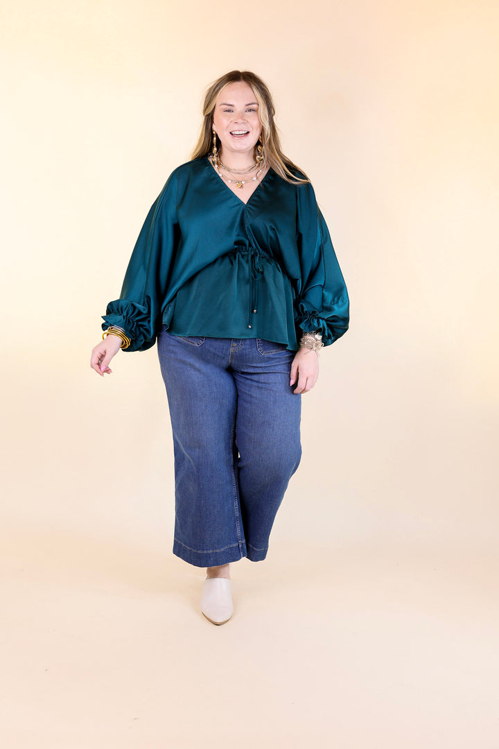 Stating Facts Satin Top with Drawstring Waist in Teal