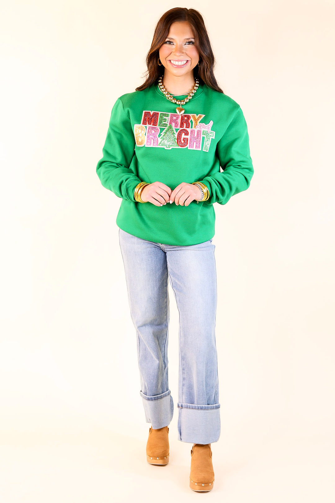 Merry and Bright Sequin Letter Graphic Sweatshirt in Green