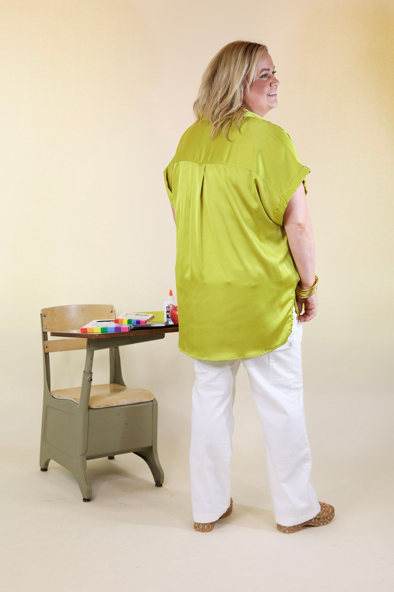 Free To Be Fab Button Up Short Sleeve Top in Chartreuse Green