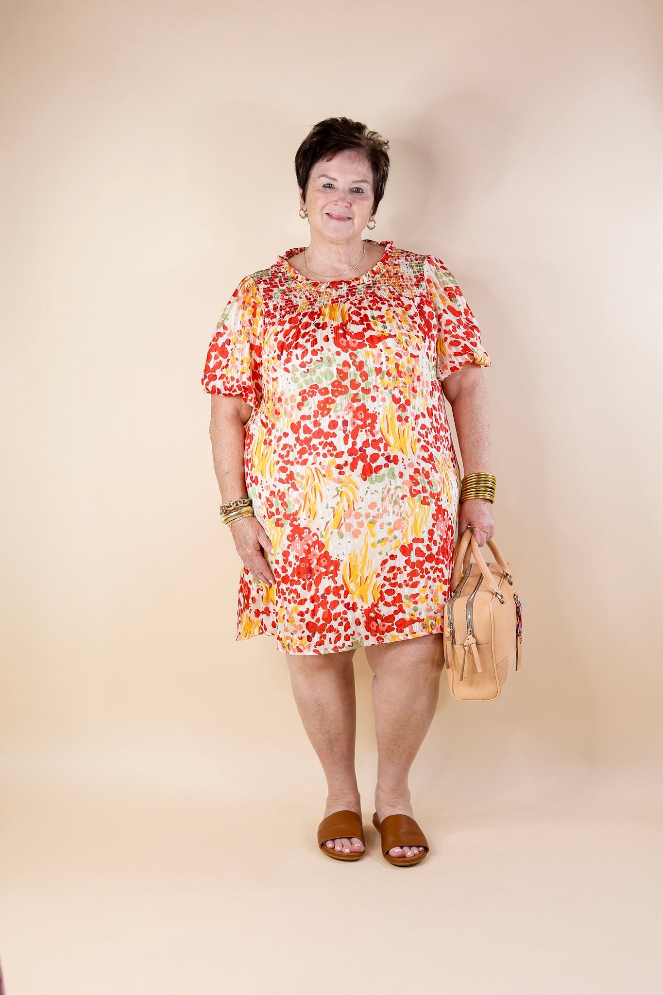 Simply Radiant Mix Floral Print Dress with Short Sleeves in Red and Yellow Mix - Giddy Up Glamour Boutique