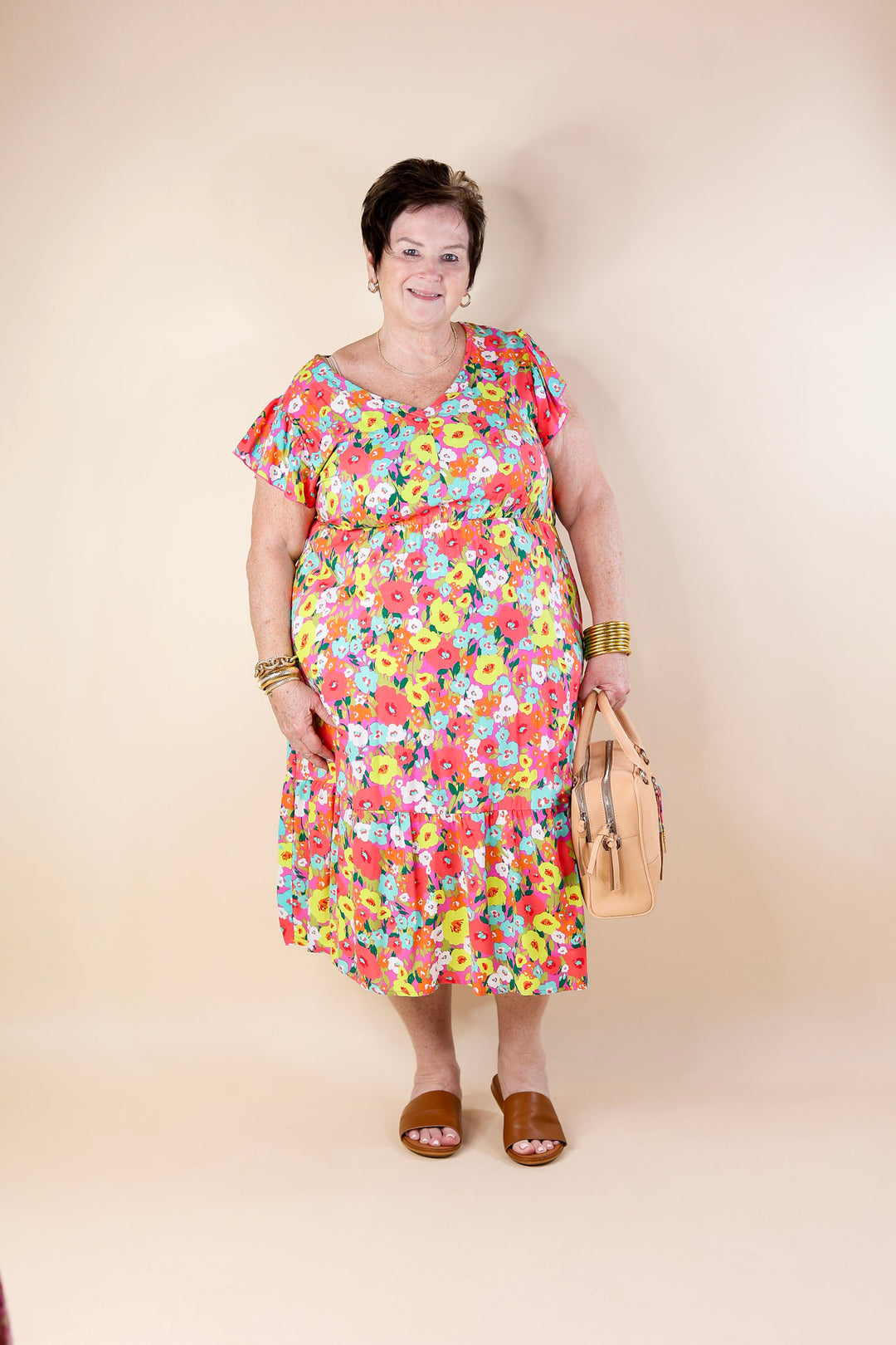 Coastal Charisma Floral Midi Dress with Ruffle Cap Sleeves in Pink Mix - Giddy Up Glamour Boutique