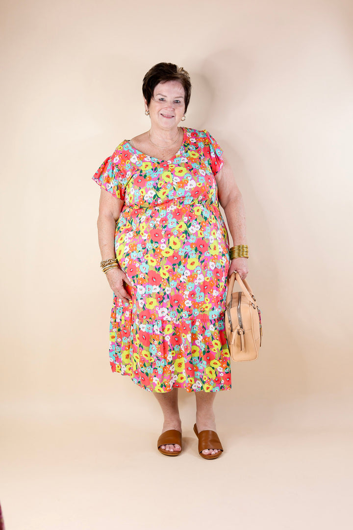 Coastal Charisma Floral Midi Dress with Ruffle Cap Sleeves in Pink Mix - Giddy Up Glamour Boutique