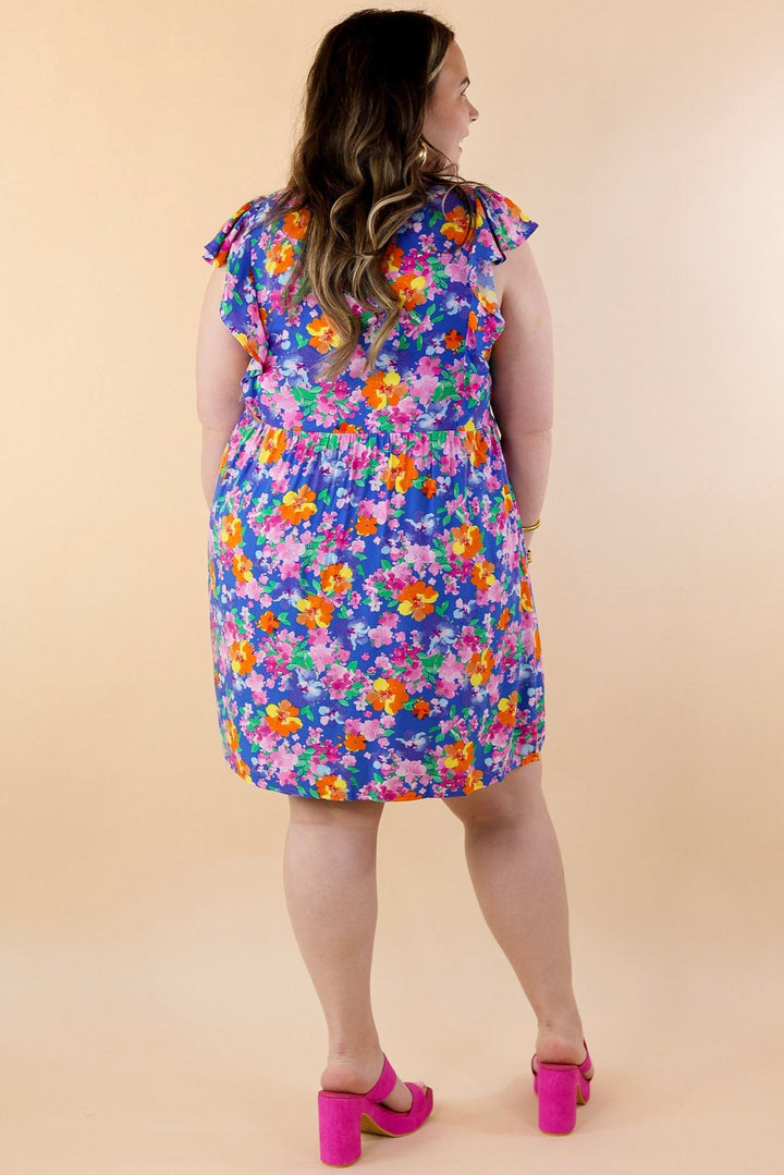 Sunshine On My Mind Floral Ruffle Cap Sleeve Dress in Blue - Giddy Up Glamour Boutique