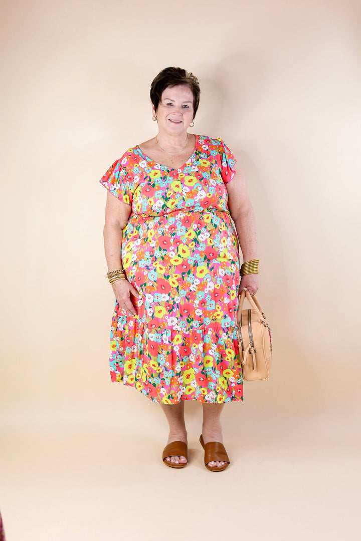Coastal Charisma Floral Midi Dress with Ruffle Cap Sleeves in Pink Mix - Giddy Up Glamour Boutique