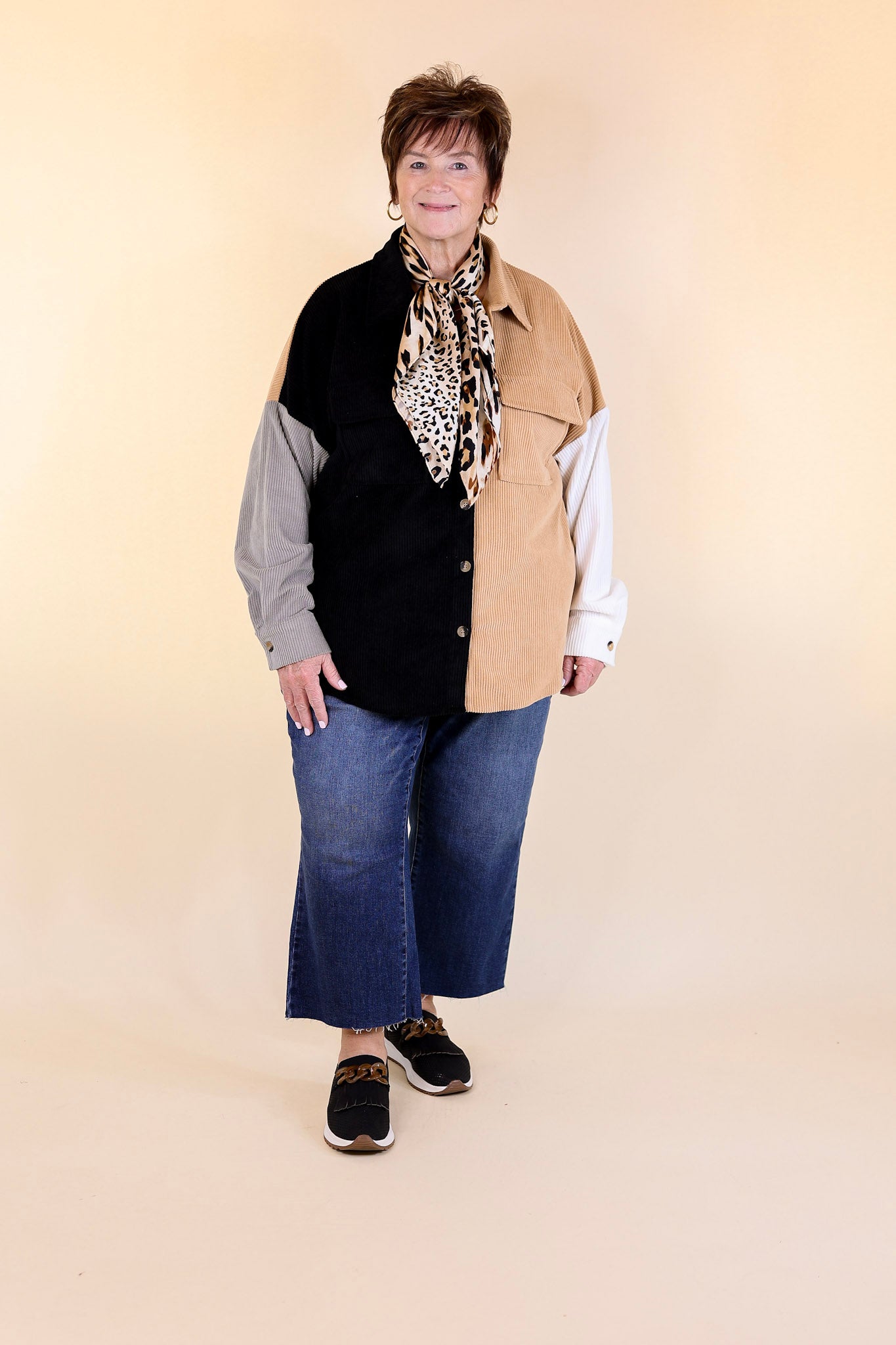 Cozy Perk Button Up Color Block Corduroy Shacket in Black and Tan