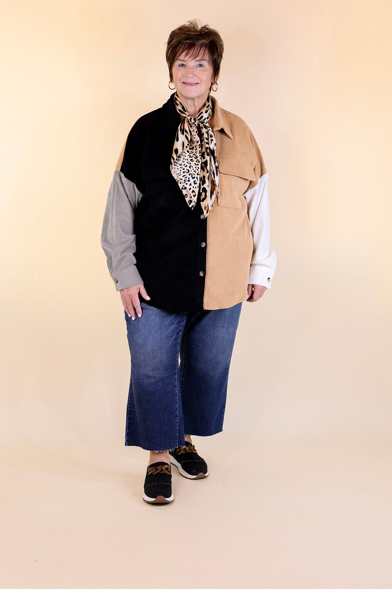 Cozy Perk Button Up Color Block Corduroy Shacket in Black and Tan