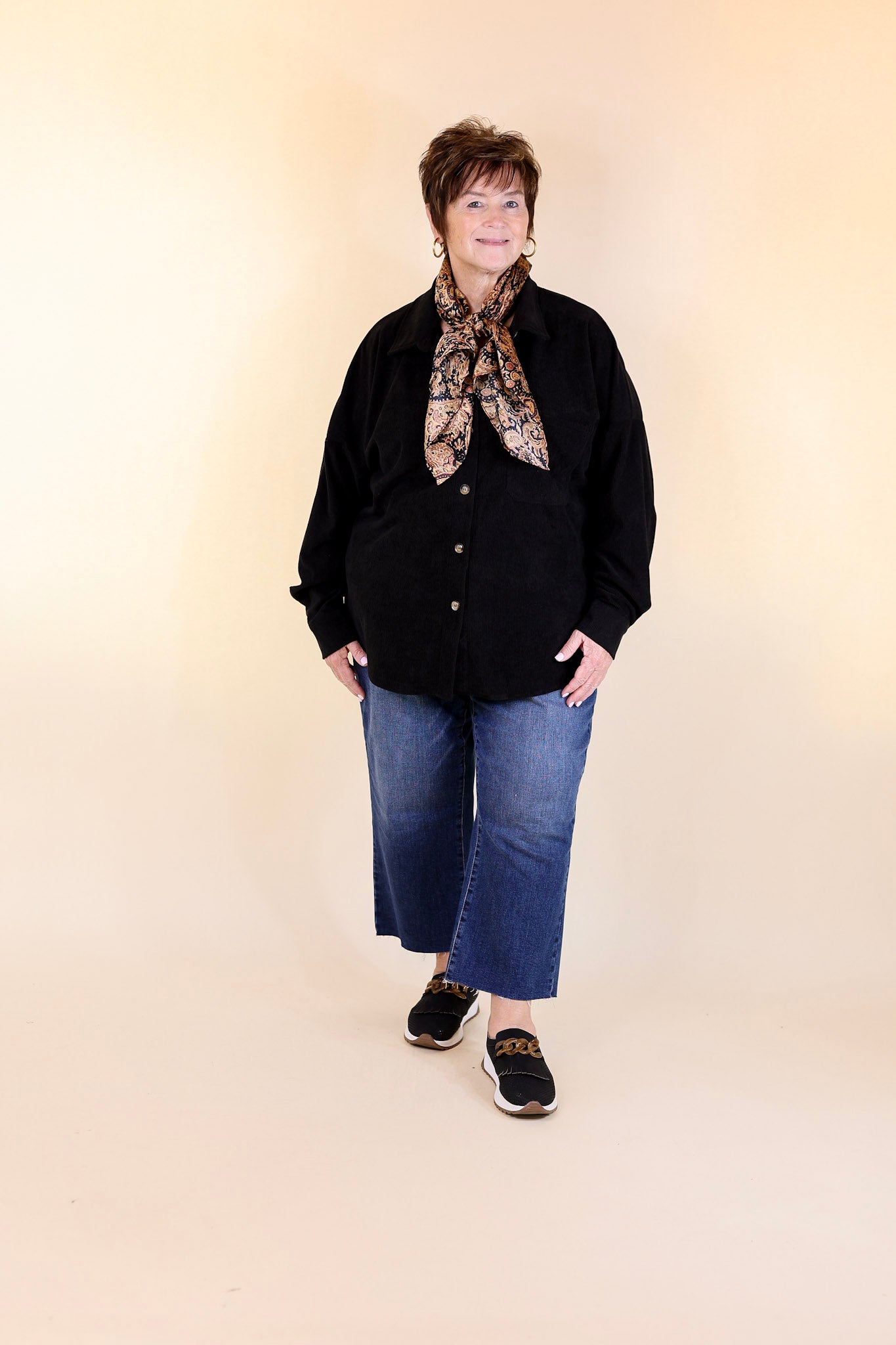 Plus Sizes | Captivating Cuteness Corduroy Button Up Shacket in Black