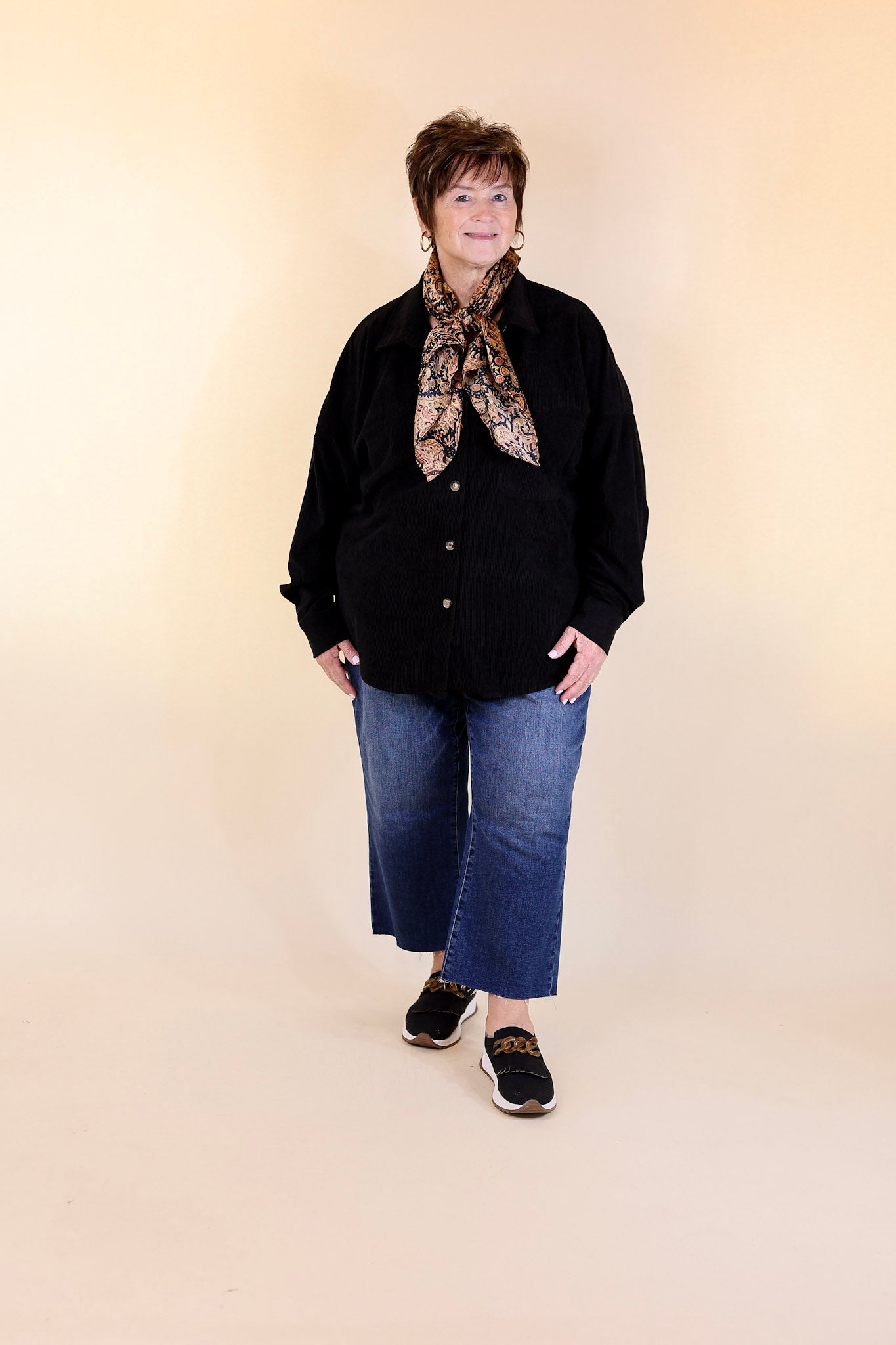 Plus Sizes | Captivating Cuteness Corduroy Button Up Shacket in Black