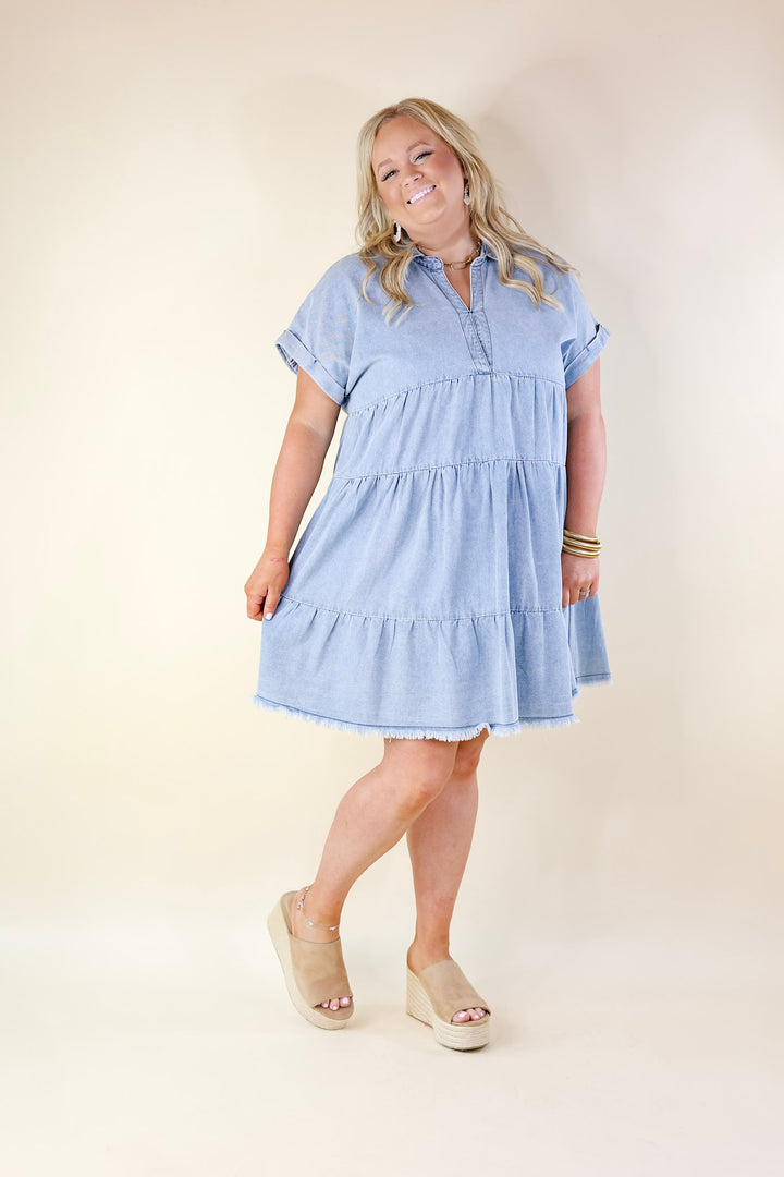 Wait List Tiered Denim Dress with Collared Neckline in Light Wash - Giddy Up Glamour Boutique