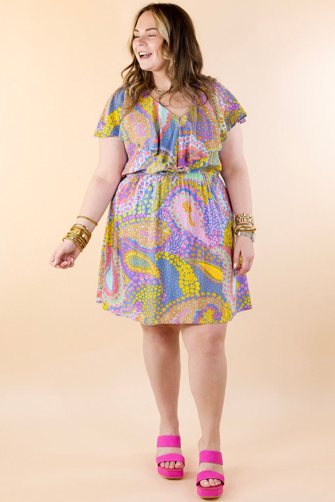 Dance Around Floral and Paisley Print Dress with Ruffle Upper in Blue Mix - Giddy Up Glamour Boutique