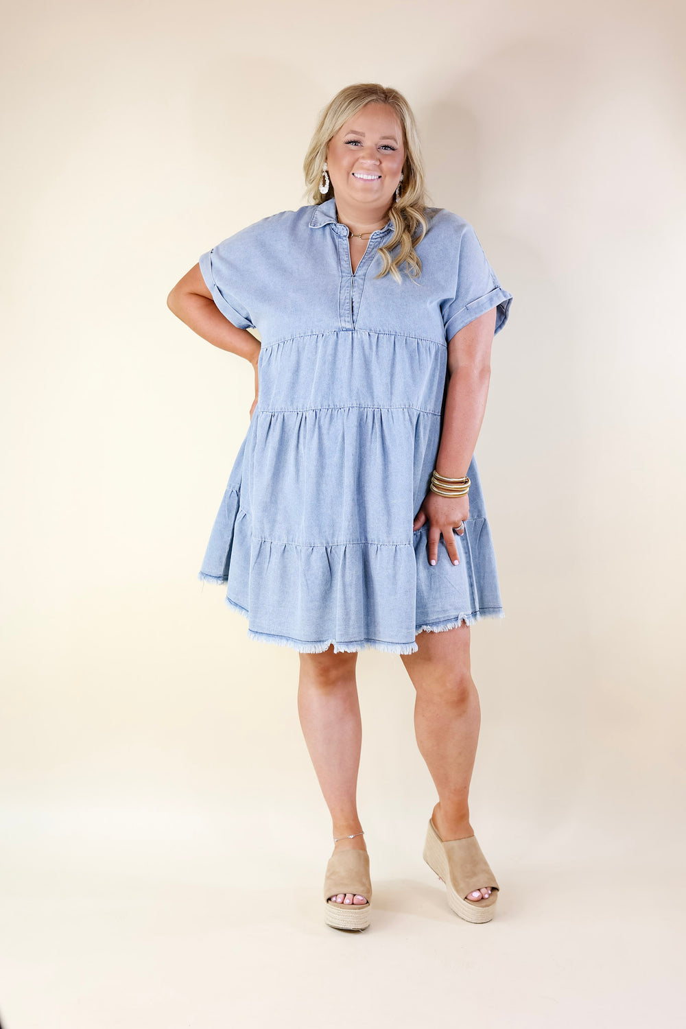 Wait List Tiered Denim Dress with Collared Neckline in Light Wash - Giddy Up Glamour Boutique