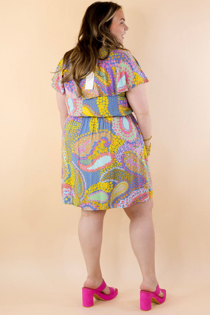 Dance Around Floral and Paisley Print Dress with Ruffle Upper in Blue Mix - Giddy Up Glamour Boutique