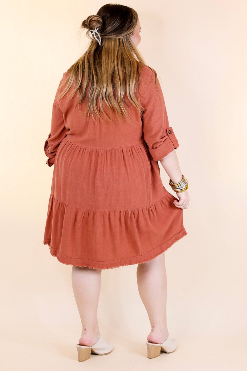Chic Darling Ruffle Tiered Button Up Dress with Long Sleeves in Rust Orange