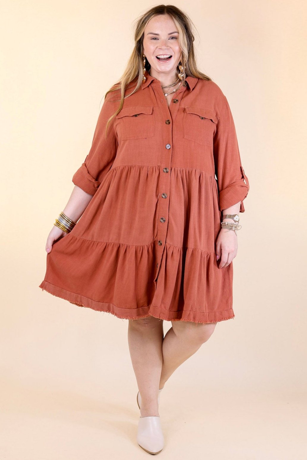 Chic Darling Ruffle Tiered Button Up Dress with Long Sleeves in Rust Orange