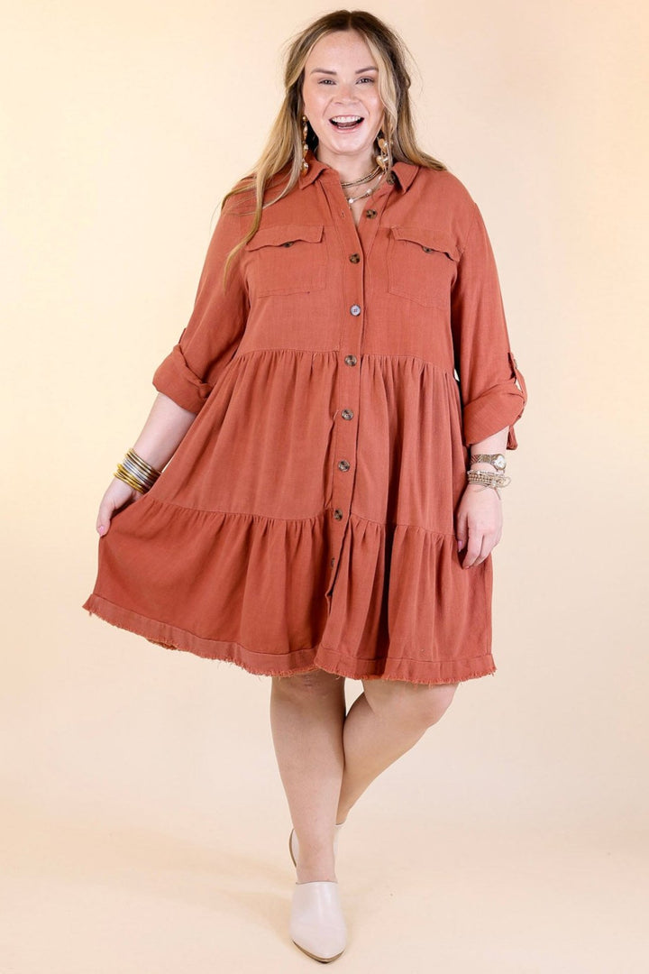 Chic Darling Ruffle Tiered Button Up Dress with Long Sleeves in Rust Orange
