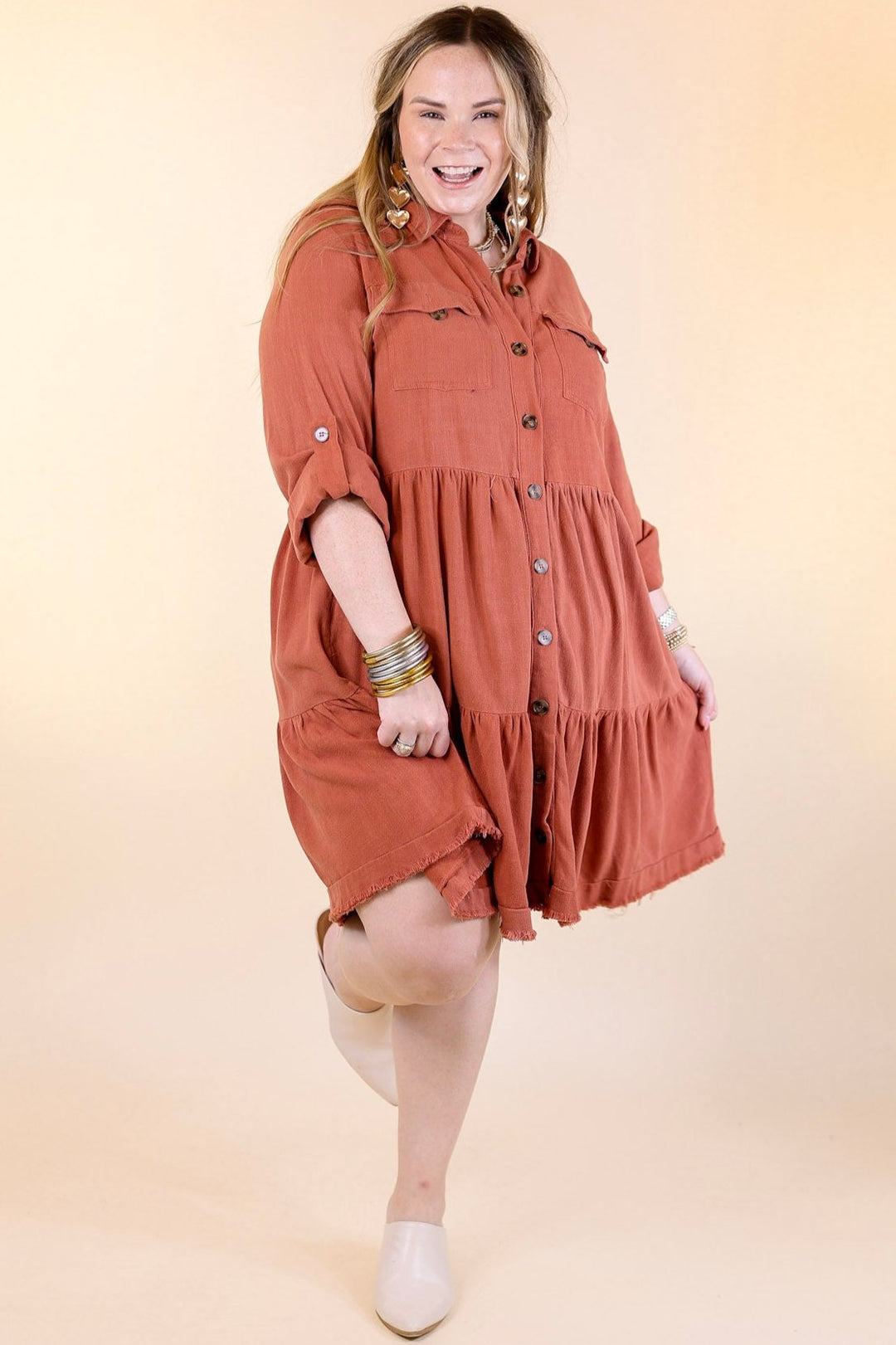 Chic Darling Ruffle Tiered Button Up Dress with Long Sleeves in Rust Orange